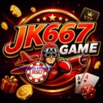 JK667 Game logo with red and orange design, pilot mascot, and casino-style gaming theme