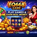 EQ668 Game promotional image showing gaming features coins spin wheel, cards, and Play Games & Earn Real Money text
