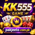 KK555 Game casino promotional banner with gold coins, poker cards, slot machine, dice, and Pakjeeto.com.pk branding.