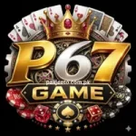 P67 Game logo with golden design, crown, playing cards, and dice