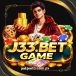 J33.BET GAME promotional icon showing a young man holding gold coins with casino chips and bold golden text