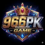 966PK Game logo with golden text, crown, and glowing blue gaming design