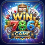 WIN786 Game promotional logo featuring colorful casino-style cards, chips, and bold text design