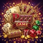 P777 Game logo with cards, dice, and golden coins design
