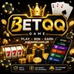 BETQQ Game feature image with golden casino theme, crown logo, coins, cards, and mobile gaming interface