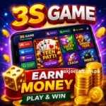 3S Game mobile app promotional gaming interface with coins, spin wheel, and earning games dashboard