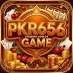 PKR656 Game casino style logo with gold coins, dice, cards and red cherries