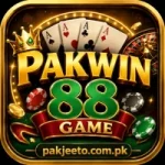 Pakwin88 Game logo with golden casino design, playing cards, roulette wheel, and Pakjeeto.com.pk branding.