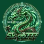 Green dragon logo design for SKGB777 game with glowing fantasy style and magical symbols background