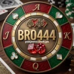 BRO444 Game logo with poker cards, casino chips, and red dice design