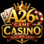 A26 Game casino logo with golden 3D text, crown, poker cards, and casino chip on a black background.