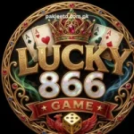 Lucky866 Game logo with crown, playing cards, dice, and golden casino-style design on black background.