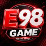 E98 Game 3D logo with bold red and white text, glowing effects, and a modern gaming-style background.