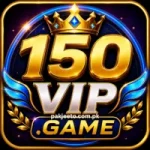 Golden and blue 150VIP Game logo with crown, wings, and shiny casino-style design on dark background.