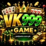 VK999 Game casino promotional image with golden crown, slot 777, playing cards, dice, coins, and mobile gaming interface on a dark glowing background.
