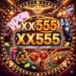 XX555 Game casino-themed featured image with glowing XX555 logo, poker cards, casino chips, dice, roulette wheel, and golden coins in a luxury casino background.