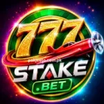 777 Stake Bet logo with golden 777 numbers, red airplane, green casino theme, and colorful glowing background.