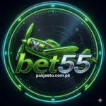 BET55 neon green gaming logo with airplane design and futuristic glowing circle background.