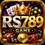 RS789 Game casino logo with golden crown, poker chips, playing cards, dice, and luxury glowing casino style design.