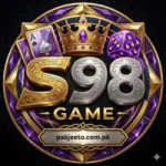 S98 Game luxury casino-style logo with golden crown, playing cards, purple dice, and premium 3D design