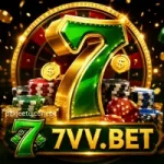 7VV.BET casino-style logo with glowing green number 7, poker chips, roulette wheel, gold coins, and luxury gaming design.