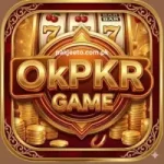 OkPKR Game golden logo with coins and slot machine style design for online earning app.