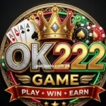 OK222 Game luxury casino style logo with golden crown, poker cards, chips, and glowing neon design.