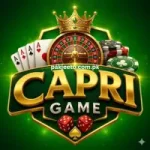 Capri Game logo featuring a golden crown, roulette wheel, playing cards, poker chips, and dice on a green background.