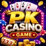 PKcasino Game colorful casino banner with poker cards, coins, and slot machine design