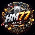 HM77 Game logo with playing cards, dice, and casino-style elements in a gold and black theme.