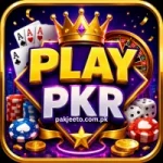 PLAYPKR Game colorful casino earning app logo with poker chips, cards, dice, and golden crown
