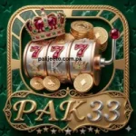 PAK33 Game luxury casino-style logo with slot machine, golden coins, royal crown, and 3D gaming design