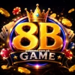8B Game glowing casino-style logo with golden text, poker chips, playing cards, crown, and gold coins