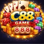 C88 Game logo with casino chips, playing cards, dice, gold coins, and slot machine design.