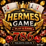 Golden casino style “HERMES GAME” promotional banner with coins, crown, dice, and play & earn theme.