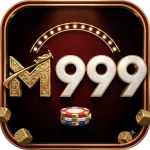 M999 casino game logo with gold and white typography, poker chips, dice, and luxury casino-themed background.