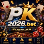PK2026.bet casino-style banner with cards, dice, chips and Pakjeeto.com.pk branding.