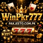 WinPkr777 casino style logo with golden crown, slot machine 777, poker cards, casino chips, and Pakjeeto.com.pk branding.