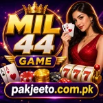 mil44 Game casino promotional banner with gold coins, poker cards, slot machine, dice,
