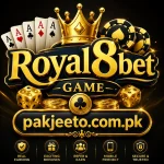 Royal8Bet Game casino-style logo with golden crown, cards, chips, and PakJeeto branding.