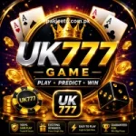 UK777 Game promotional feature image with golden crown, playing cards, casino chips, dice, and glowing gold coins on a luxury black and-gold background
