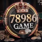 78986 Game casino logo with poker chips, cards, and roulette table background