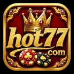 Hot77.com casino logo with golden crown, poker chips, and luxury red background.