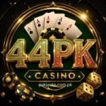 44PK Casino logo with golden text, poker cards, chips, and dice on a luxury green background.