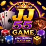 JJ55 Game real earning casino app logo with golden crown, poker cards, roulette wheel, casino chips, gold coins, and play & win theme.