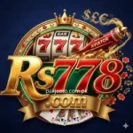 RS778 game casino logo featuring golden typography, 777 slot machine symbols, aviator airplane, poker cards, and casino chips on a dark blue background.