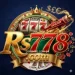 RS778 game casino logo featuring golden typography, 777 slot machine symbols, aviator airplane, poker cards, and casino chips on a dark blue background.