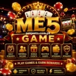 Me5 Game casino style promotional banner showing golden coins, rewards, VIP features, and mobile gaming interface