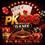 PK686 Game casino themed promotional banner featuring golden 3D text, poker chips, playing cards, and a roulette wheel in a glowing red and gold background.