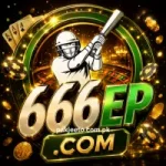 666EP Game casino style logo with cricket player, golden casino chips, playing cards, roulette wheel, and luxury green gold gaming design.